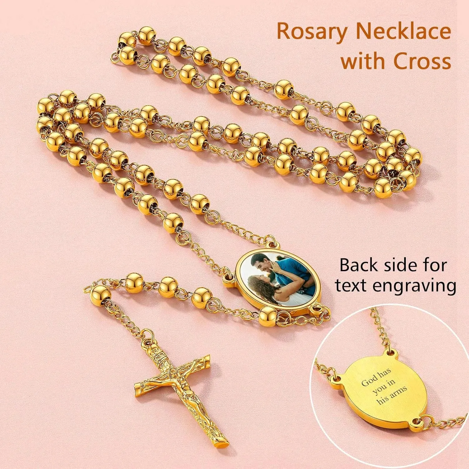 FindChic Customized Stainless Steel Rosary Bead Necklaces Catholic with Picture Cross Pendant for Women Red/Blue Crystal Evil Eye Long Y Shape Necklaces Personalized Christian Jewelry, with Gift Box