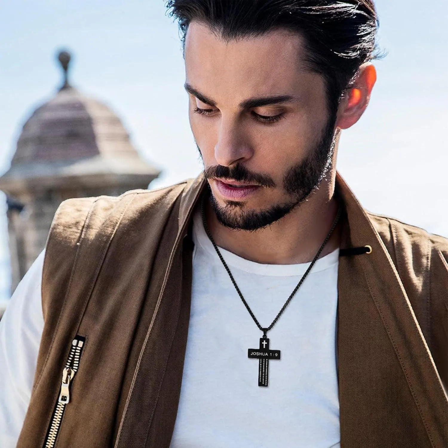 FIRAZIO Cross Necklace for Men with Bible Verse, Easter Basket Stuffers Cross Necklace Christian Religious Scripture First Communion Cross Chain Pendant Jewelry Christian Easter Gifts for Men