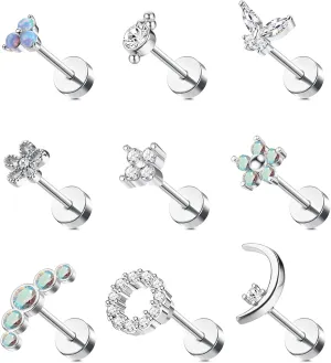 Florideco 9Pcs 16G Cartilage Stud Earring for Women 316L Stainless Steel Screw Flat Back Earrings Butterfly Moon Flower Crawler Helix Tragus Daith Piercing Earrings Cute CZ Opal Cartilage Piercing Jewelry