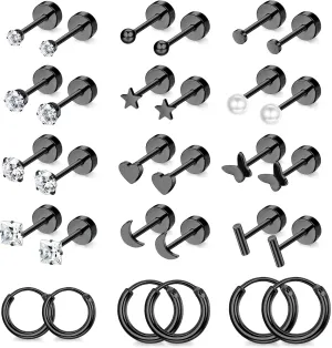 Florideco Small Hypoallergenic Flat Back Stud Earrings for Women Men 14K Gold Plated Surgical Stainless Steel Earrings Tiny Stud Earring Screw Back Cartilage Earring Set for Multiple Piercing