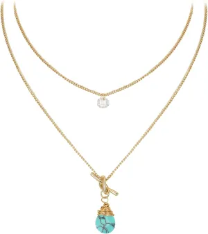 Flyonce Boho Layered Turquoise Necklaces, Western Style Blue Pendant Necklace for Women
