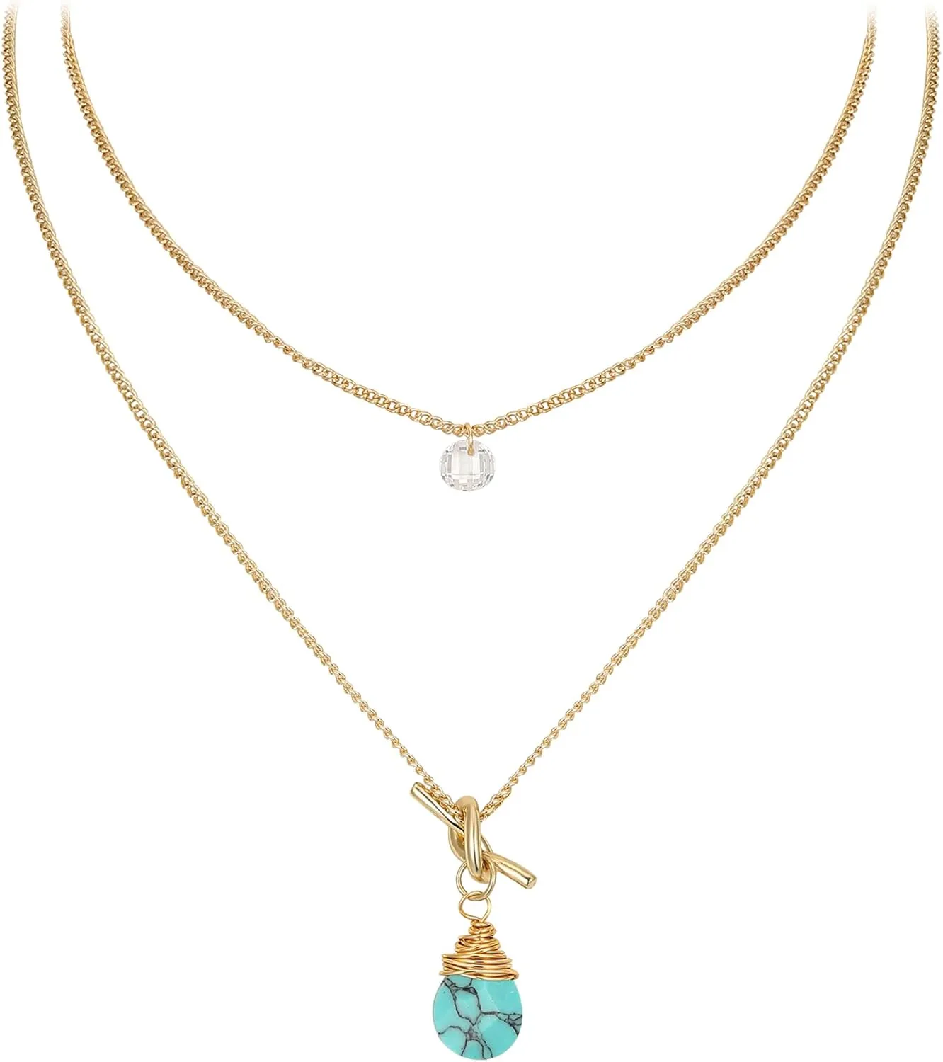 Flyonce Boho Layered Turquoise Necklaces, Western Style Blue Pendant Necklace for Women