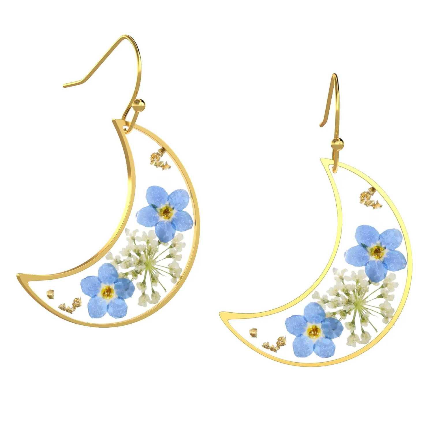 Forget-Me-Not and Queen Anne's Lace Pressed Wildflower Earrings Pressed Flower Earrings Handmade Earrings Drop Dangle Earring Dry Flower Earrings for Women Girls