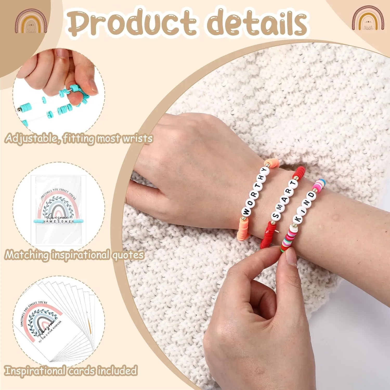Friendship Bracelets Inspirational Gifts for Women Motivational Clay Beaded Rainbow Bracelet Team Inspirational Quotes Card for Graduation Mental Health Gifts Employee Coworker