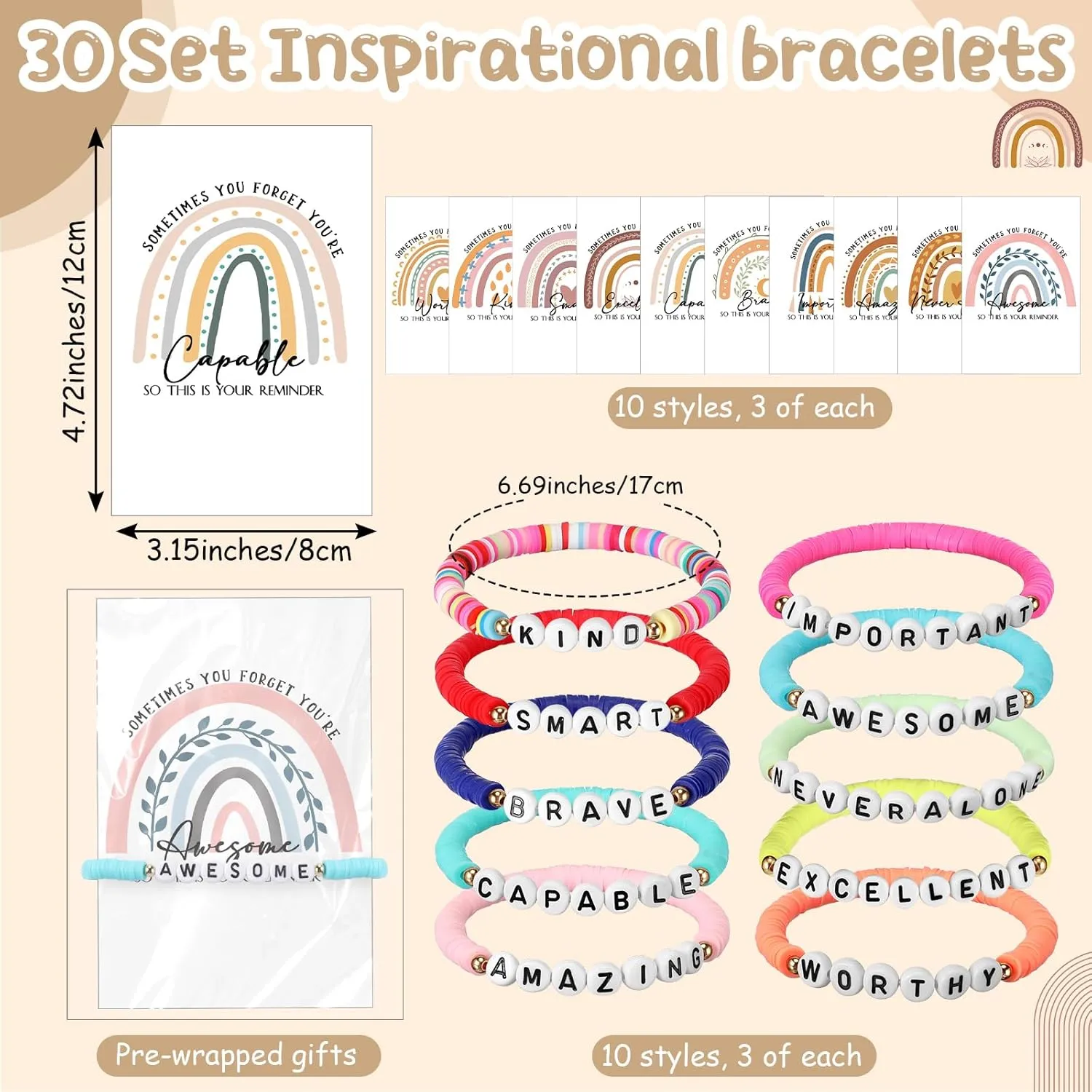 Friendship Bracelets Inspirational Gifts for Women Motivational Clay Beaded Rainbow Bracelet Team Inspirational Quotes Card for Graduation Mental Health Gifts Employee Coworker