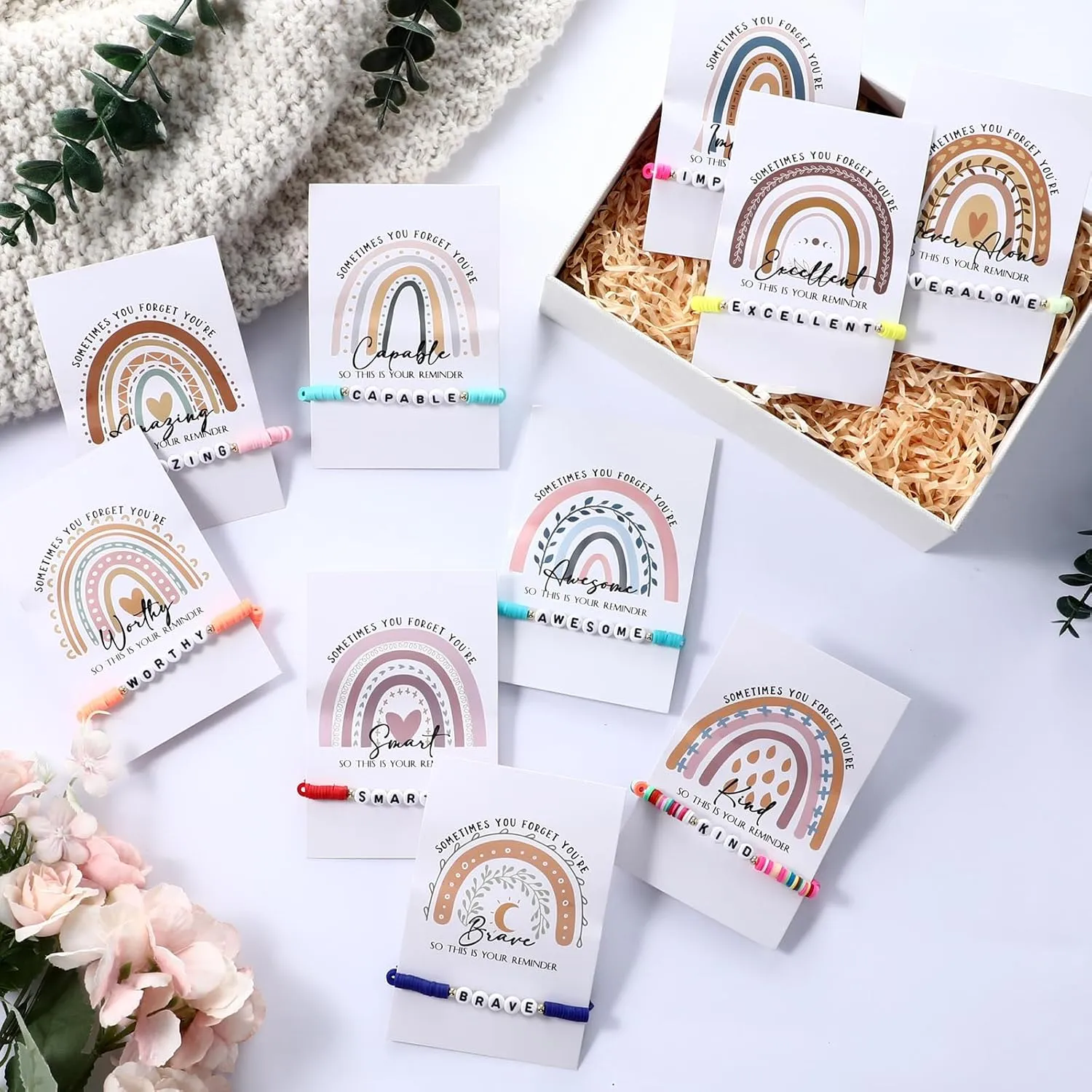 Friendship Bracelets Inspirational Gifts for Women Motivational Clay Beaded Rainbow Bracelet Team Inspirational Quotes Card for Graduation Mental Health Gifts Employee Coworker
