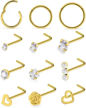 Ftovosyo 18G Nose Rings for Women Surgical Steel Nose Piercings Hypoallergenic Nose Rings Hoops Heart L-Shape Nose Studs