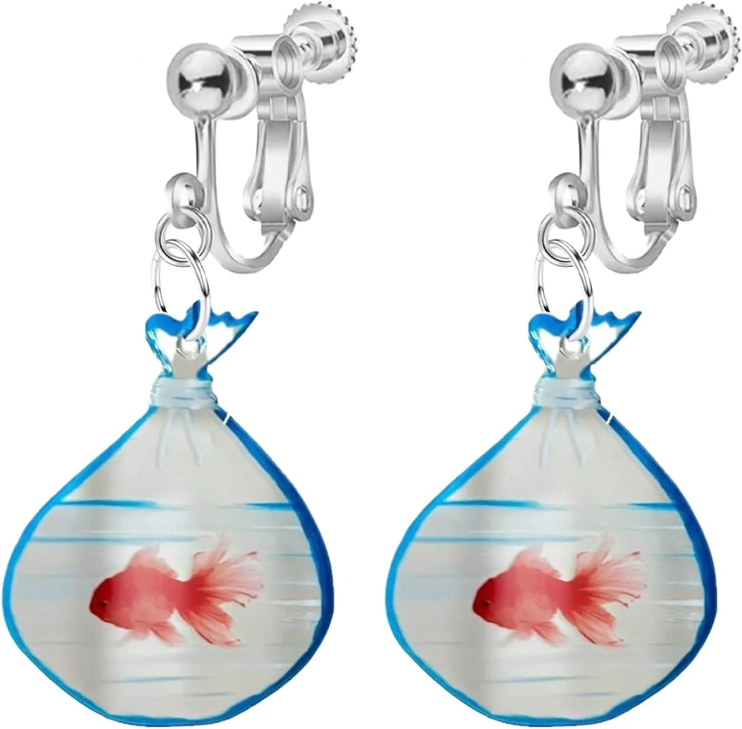 Funny Fish Clip on Earrings for Women, Non Pierced, Unique Acrylic Resin Water Bag Shape Charm Unusual Fishing Dangle Earrings Jewelry
