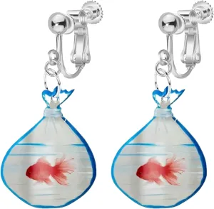 Funny Fish Clip on Earrings for Women, Non Pierced, Unique Acrylic Resin Water Bag Shape Charm Unusual Fishing Dangle Earrings Jewelry