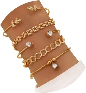 FUTIMELY Layered Heart Leaf Open Bangle,5PCS Adjustable Bracelets for Women,Fashion Simple Stackable Chain,Bracelet Jewelry Accessories
