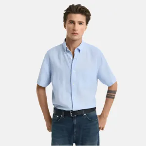 GANT Regular Fit Short Sleeve Linen Shirt In Capri Blue
