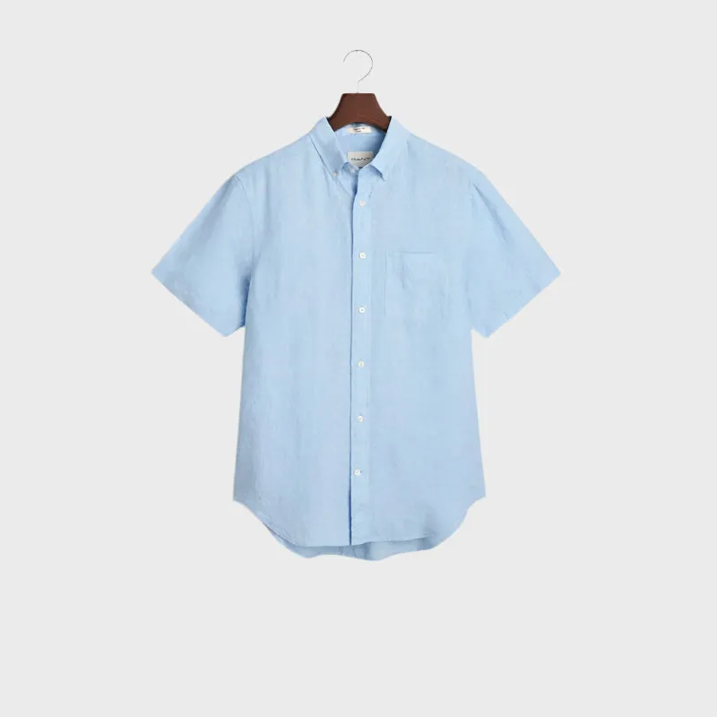 GANT Regular Fit Short Sleeve Linen Shirt In Capri Blue