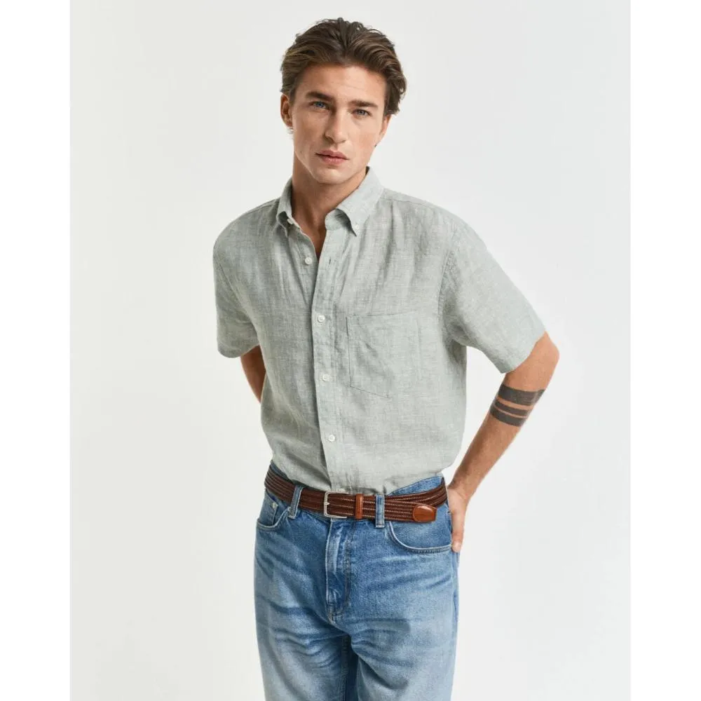 GANT Regular Fit Short Sleeve Linen Shirt In Kalamata Green
