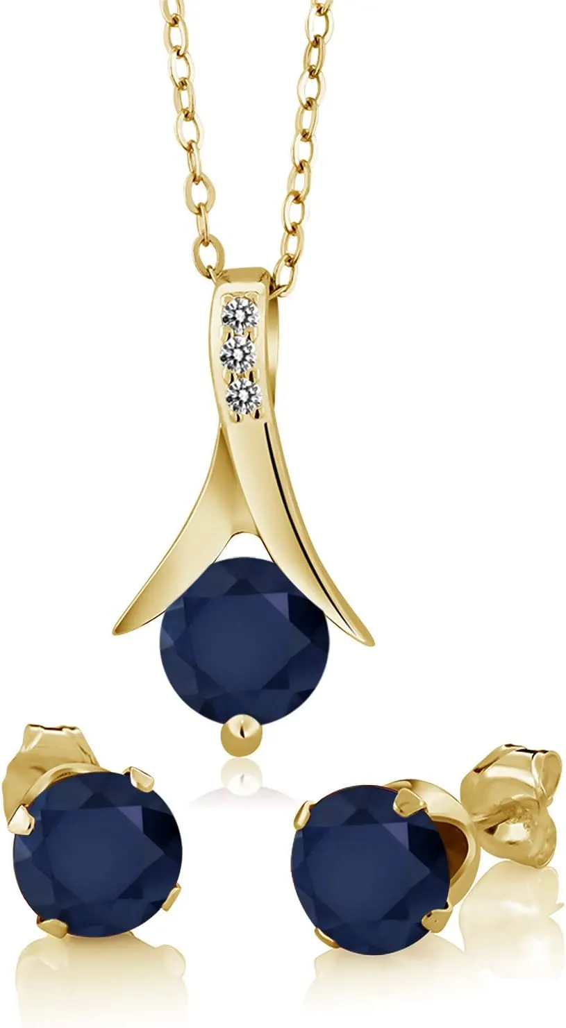 Gem Stone King 18K Yellow Gold Plated Silver Blue Sapphire and Diamond Pendant and Earrings Jewelry Set For Women (3.05 Cttw, Gemstone Birthstone, with 18 Inch Chain)