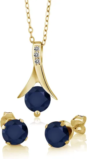 Gem Stone King 18K Yellow Gold Plated Silver Blue Sapphire and Diamond Pendant and Earrings Jewelry Set For Women (3.05 Cttw, Gemstone Birthstone, with 18 Inch Chain)