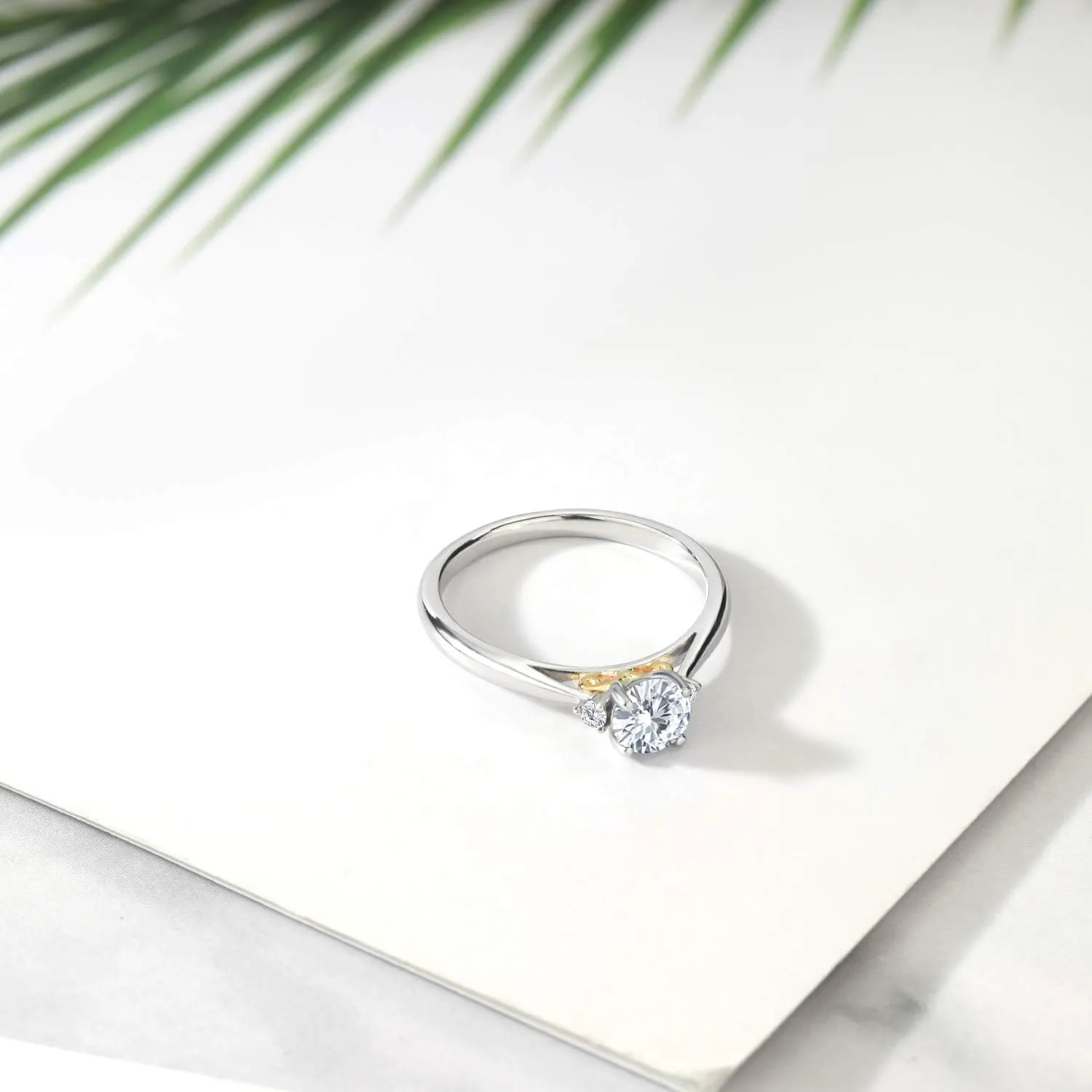Gem Stone King 925 Sterling Silver and 10K Yellow Gold White Moissanite and White Lab Grown Diamond Engagement Ring For Women (0.54 Cttw, Gemstone, Available in size 5, 6, 7, 8, 9)