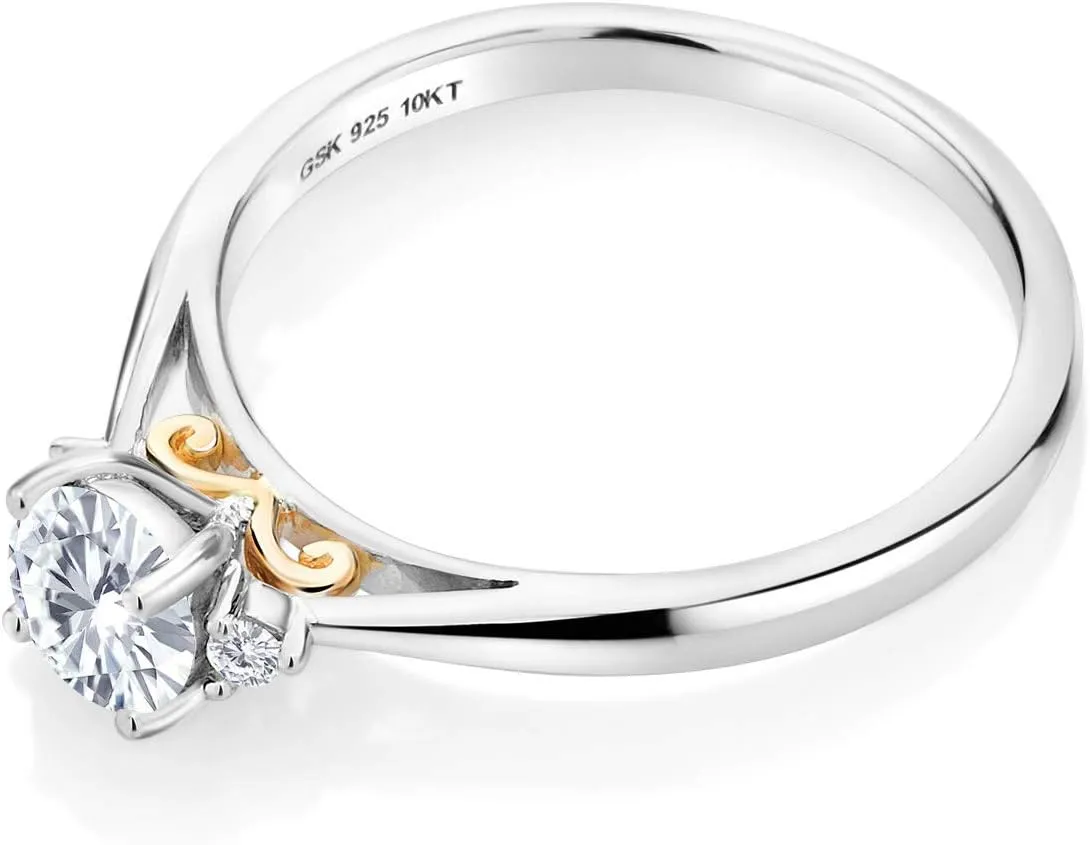 Gem Stone King 925 Sterling Silver and 10K Yellow Gold White Moissanite and White Lab Grown Diamond Engagement Ring For Women (0.54 Cttw, Gemstone, Available in size 5, 6, 7, 8, 9)