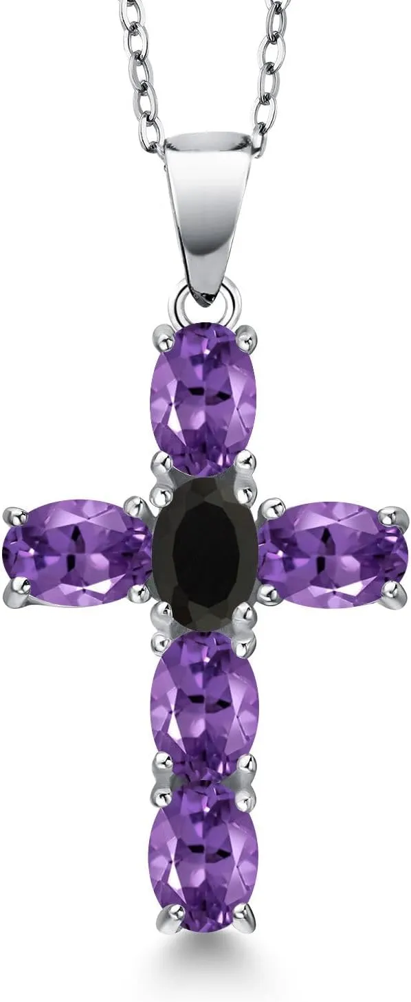 Gem Stone King 925 Sterling Silver Purple Amethyst and Black Onyx Cross Pendant Necklace for Women | 2.65 Cttw | Gemstone February Birthstone | Oval 6X4MM | With 18 Inch Chain