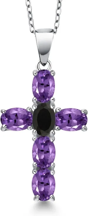 Gem Stone King 925 Sterling Silver Purple Amethyst and Black Onyx Cross Pendant Necklace for Women | 2.65 Cttw | Gemstone February Birthstone | Oval 6X4MM | With 18 Inch Chain