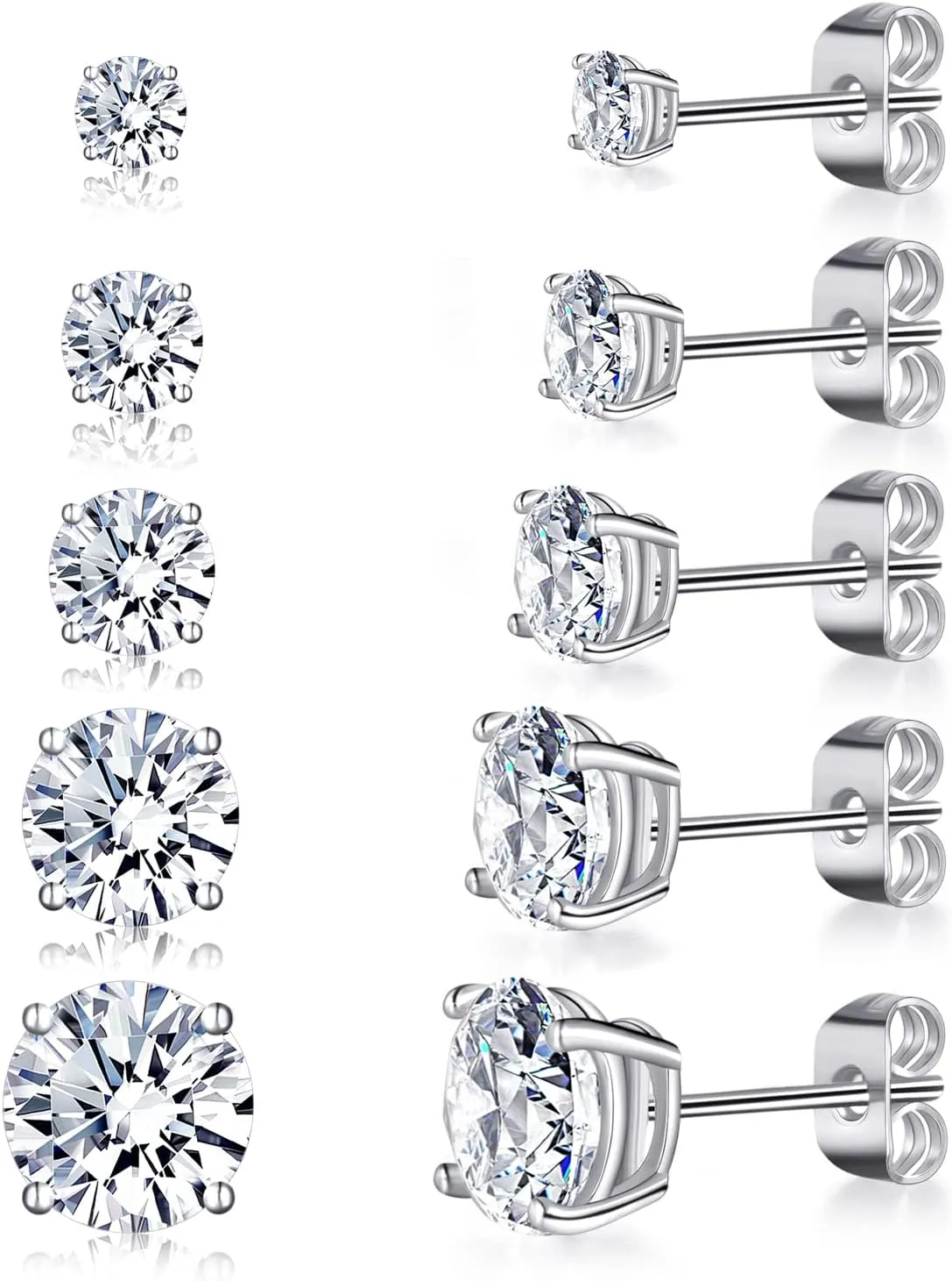Gemsme Princess Cut Cubic Zirconia Stud Earrings for Women/Men - 5 Pairs 18K Gold Plated Hypoallergenic 3-7mm Round Clear CZ Earring Set - White Gold