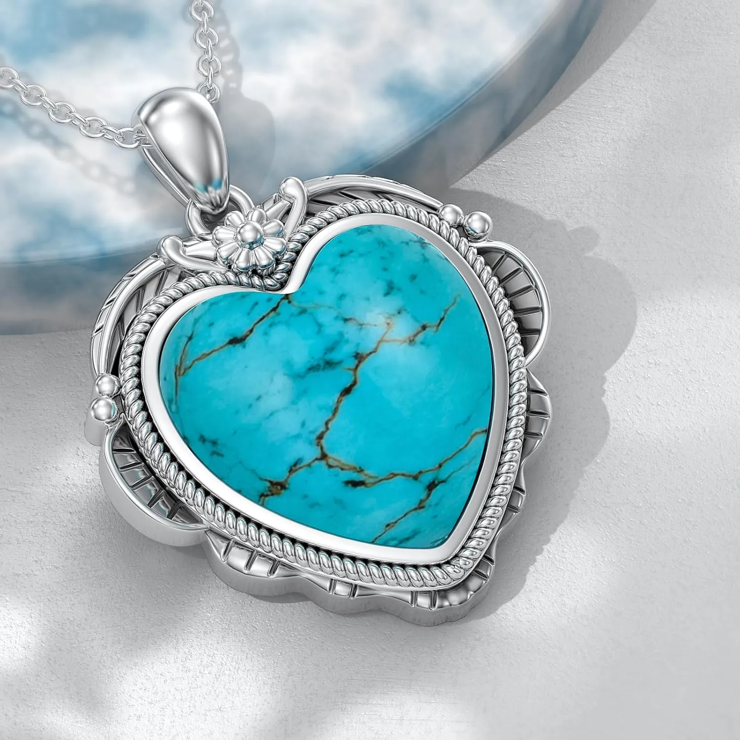 Genuine Turquoise Heart Necklaces for Women 925 Sterling Silver Blue Green Turquoise Pendant Vintage Western Jewelry Gift for Mom Wife Her