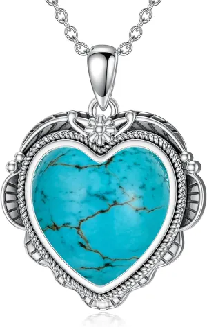 Genuine Turquoise Heart Necklaces for Women 925 Sterling Silver Blue Green Turquoise Pendant Vintage Western Jewelry Gift for Mom Wife Her