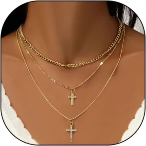 GIGB PBDK Gold Cross Necklace for Women Stackable Layered Cubic Zirconia Double Cross Pendant Necklaces Adjustable Choker Necklace Birthday Trendy Jewelry Gifts
