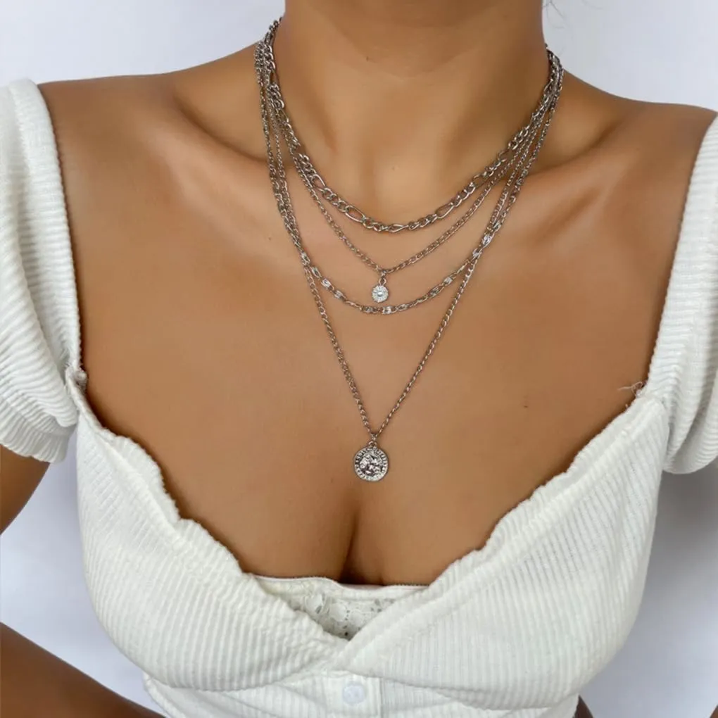 GIGB PBDK Layered Necklaces for Women Dainty 14K Gold Coin Sun Pendant Necklace Exaggerated Stackable Figaro Choker Necklace Trendy Birthday Jewelry Presents