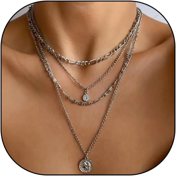 GIGB PBDK Layered Necklaces for Women Dainty 14K Gold Coin Sun Pendant Necklace Exaggerated Stackable Figaro Choker Necklace Trendy Birthday Jewelry Presents