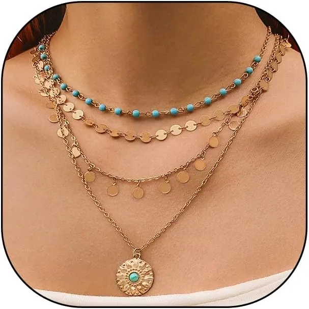 GIGB PBDK Trendy Layered Gold Pendant Necklaces for Women Lady Boho Stackable Dainty Beaded Turquoise Necklace Charm Long Paperclip Necklace Jewelry Gifts