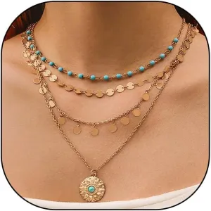GIGB PBDK Trendy Layered Gold Pendant Necklaces for Women Lady Boho Stackable Dainty Beaded Turquoise Necklace Charm Long Paperclip Necklace Jewelry Gifts