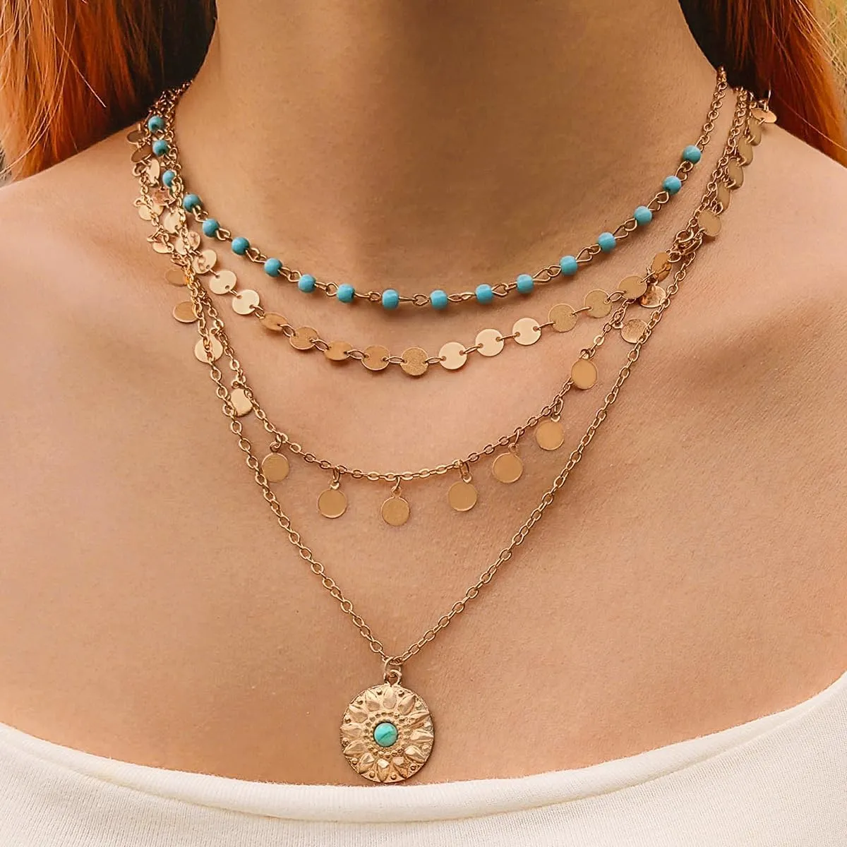GIGB PBDK Trendy Layered Gold Pendant Necklaces for Women Lady Boho Stackable Dainty Beaded Turquoise Necklace Charm Long Paperclip Necklace Jewelry Gifts