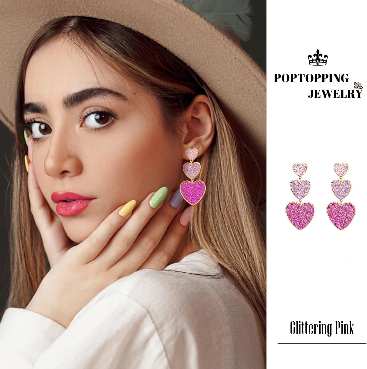 Gold And Pink Earrings Dangling Long Heart Dangle Earrings Love Heart Drop Earrings For Women Teen Girls Birthday Prom Valentine's Day
