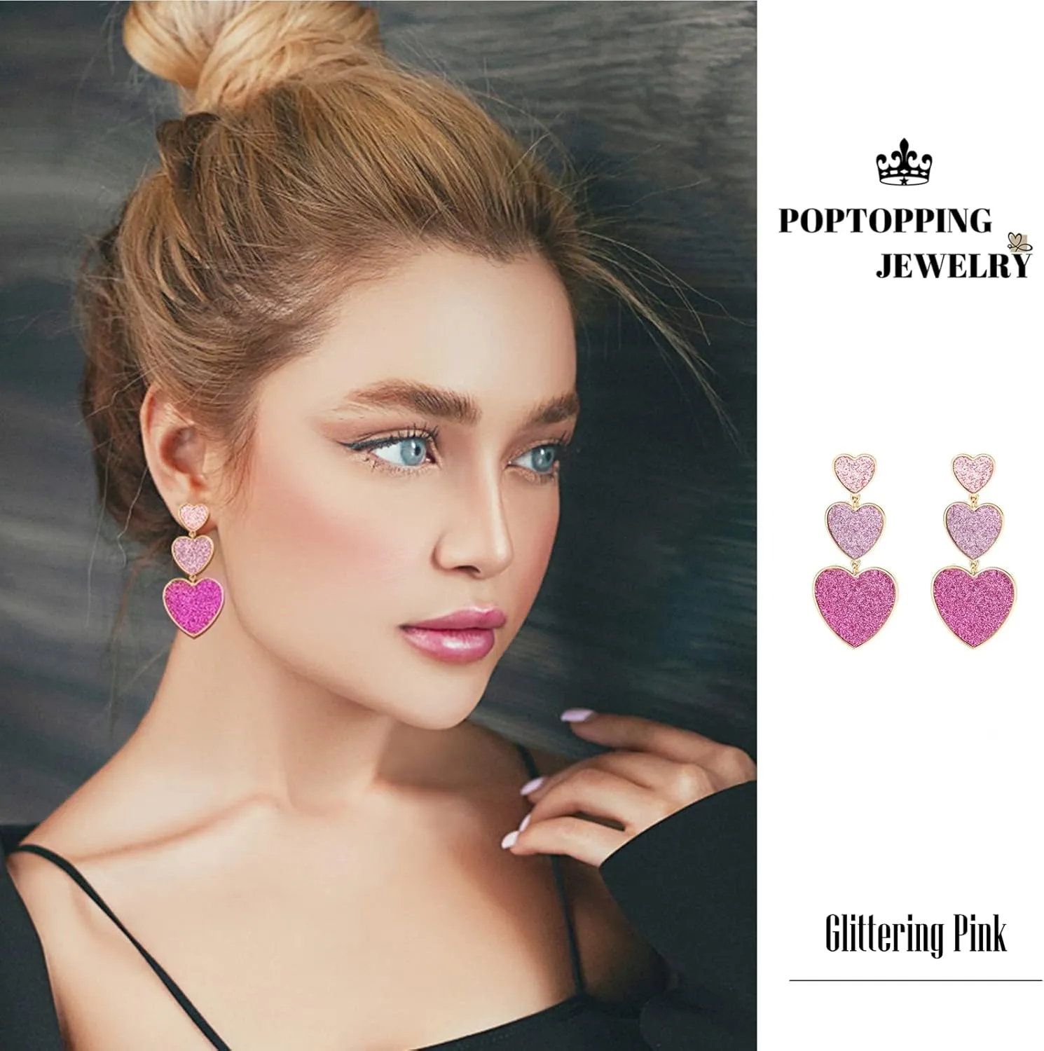Gold And Pink Earrings Dangling Long Heart Dangle Earrings Love Heart Drop Earrings For Women Teen Girls Birthday Prom Valentine's Day