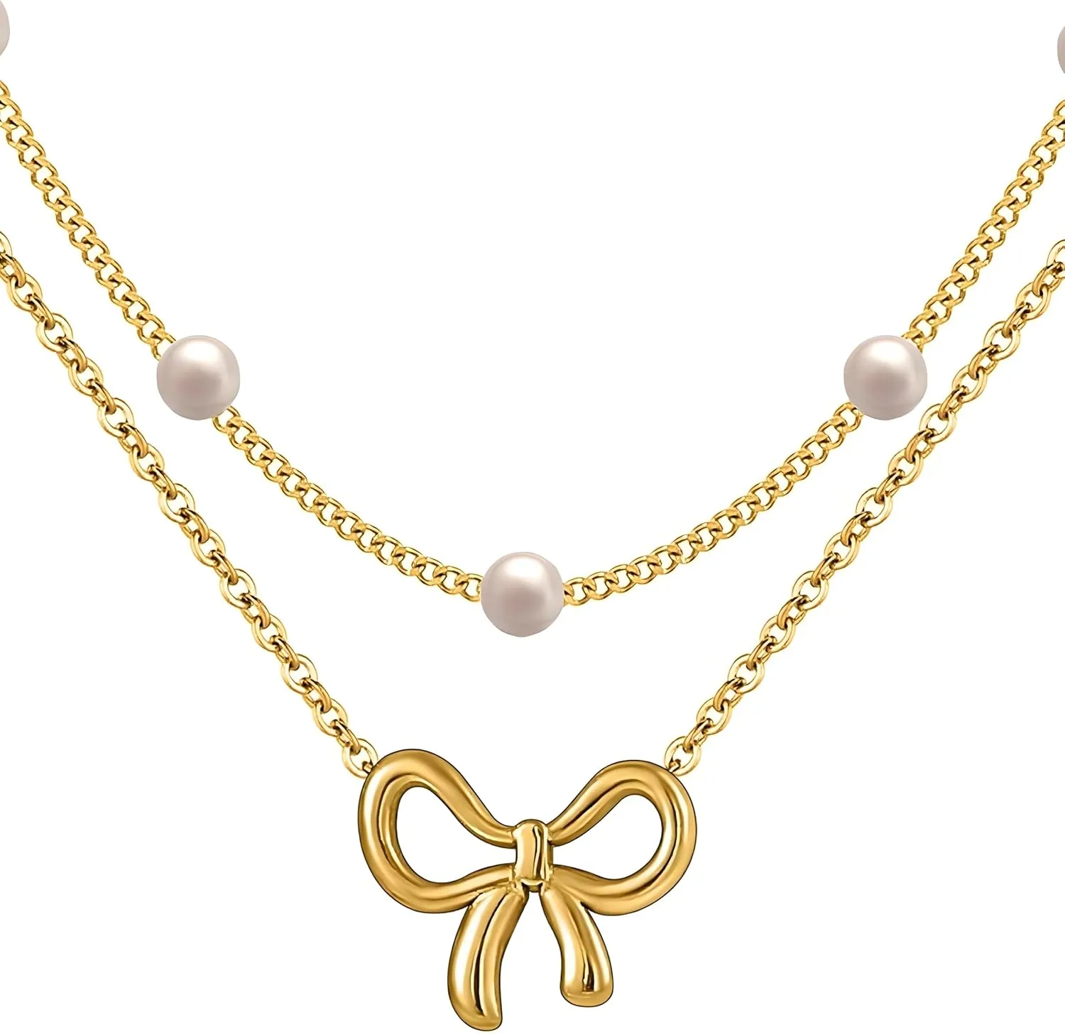 Gold Bow Necklace For Women, Pearl Choker Bow Pendant Layered Necklace 14K Gold Plated Non Tarnish Trendy Dainty Necklace New Year Anniversary Birthday Jewelry Gift