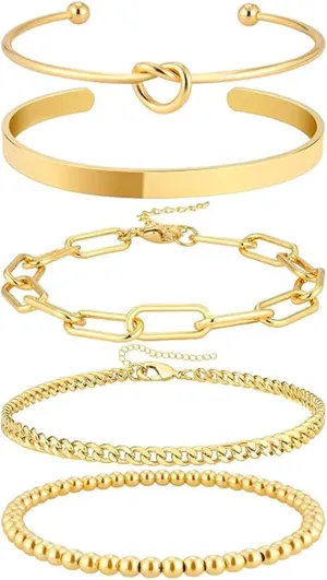 Gold Bracelets for Women Stack,14K Gold Plated Bangle Cuff Bracelet Stack Adjustable Tennis Set Non Tarnish Gold Beaded Paperclip Link Chain Bracelets Jewelry for Women Trendy