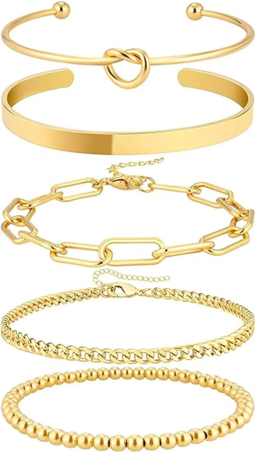 Gold Bracelets for Women Stack,14K Gold Plated Bangle Cuff Bracelet Stack Adjustable Tennis Set Non Tarnish Gold Beaded Paperclip Link Chain Bracelets Jewelry for Women Trendy