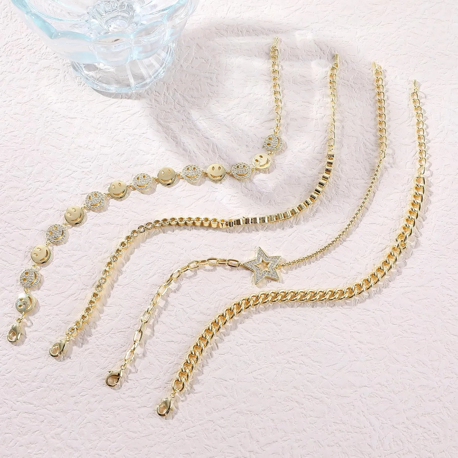 Gold Bracelets Set for Women 14K Gold Plated Stackable Twisted Bangle Rolo Chain Bracelets Layered Diamond Cubic Zirconia Charm Cuban Chain Gold Ball Beads Stretch Bracelets Trendy Jewelry Gift