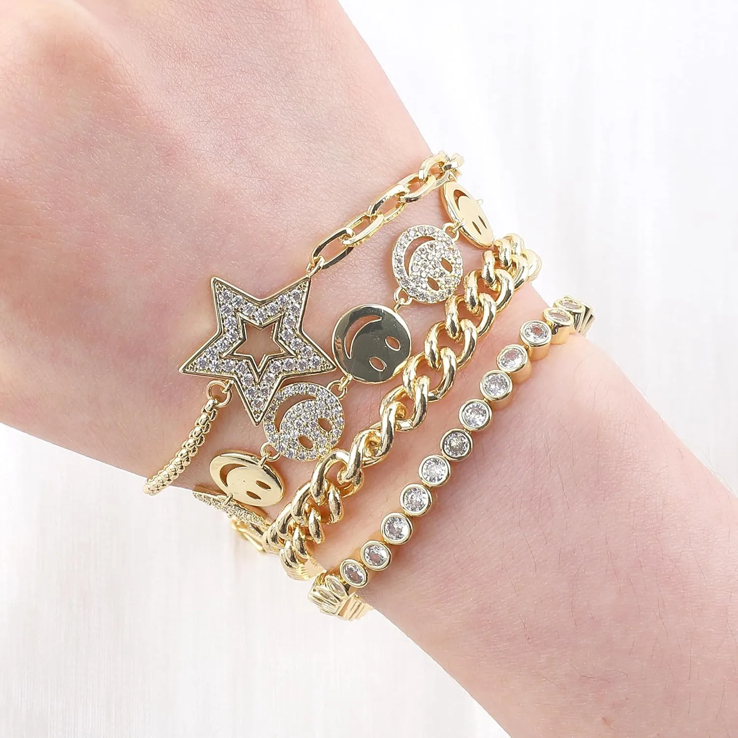 Gold Bracelets Set for Women 14K Gold Plated Stackable Twisted Bangle Rolo Chain Bracelets Layered Diamond Cubic Zirconia Charm Cuban Chain Gold Ball Beads Stretch Bracelets Trendy Jewelry Gift
