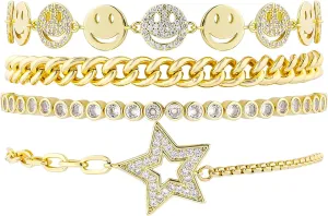 Gold Bracelets Set for Women 14K Gold Plated Stackable Twisted Bangle Rolo Chain Bracelets Layered Diamond Cubic Zirconia Charm Cuban Chain Gold Ball Beads Stretch Bracelets Trendy Jewelry Gift