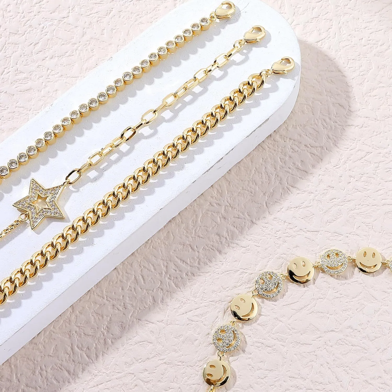 Gold Bracelets Set for Women 14K Gold Plated Stackable Twisted Bangle Rolo Chain Bracelets Layered Diamond Cubic Zirconia Charm Cuban Chain Gold Ball Beads Stretch Bracelets Trendy Jewelry Gift