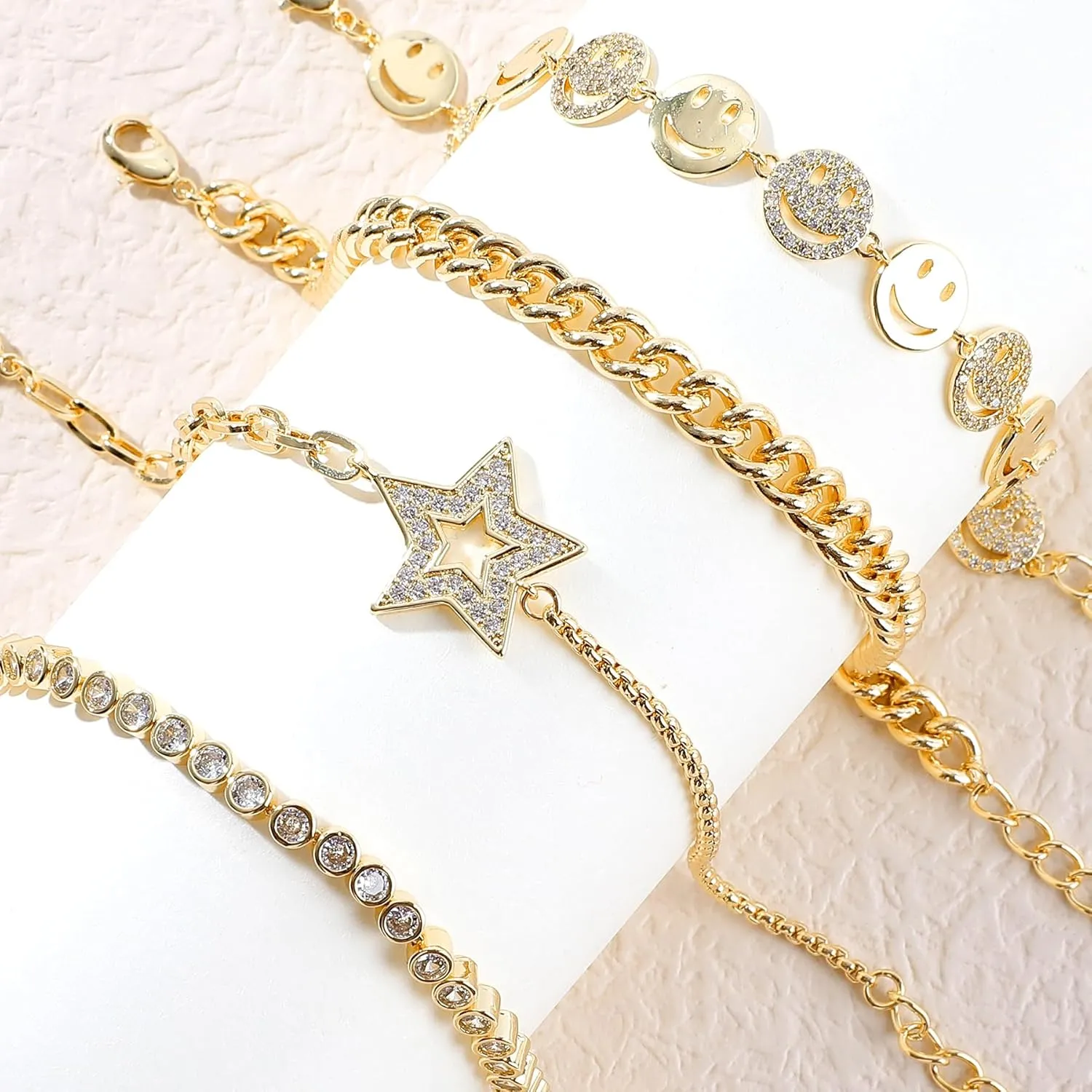 Gold Bracelets Set for Women 14K Gold Plated Stackable Twisted Bangle Rolo Chain Bracelets Layered Diamond Cubic Zirconia Charm Cuban Chain Gold Ball Beads Stretch Bracelets Trendy Jewelry Gift