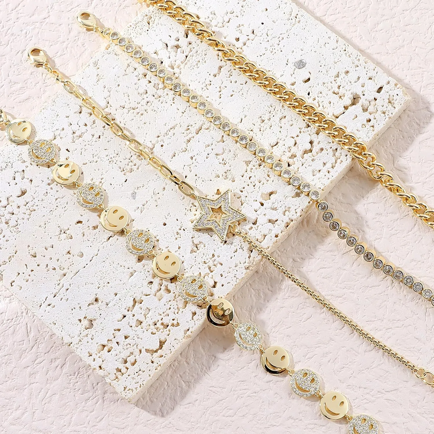 Gold Bracelets Set for Women 14K Gold Plated Stackable Twisted Bangle Rolo Chain Bracelets Layered Diamond Cubic Zirconia Charm Cuban Chain Gold Ball Beads Stretch Bracelets Trendy Jewelry Gift