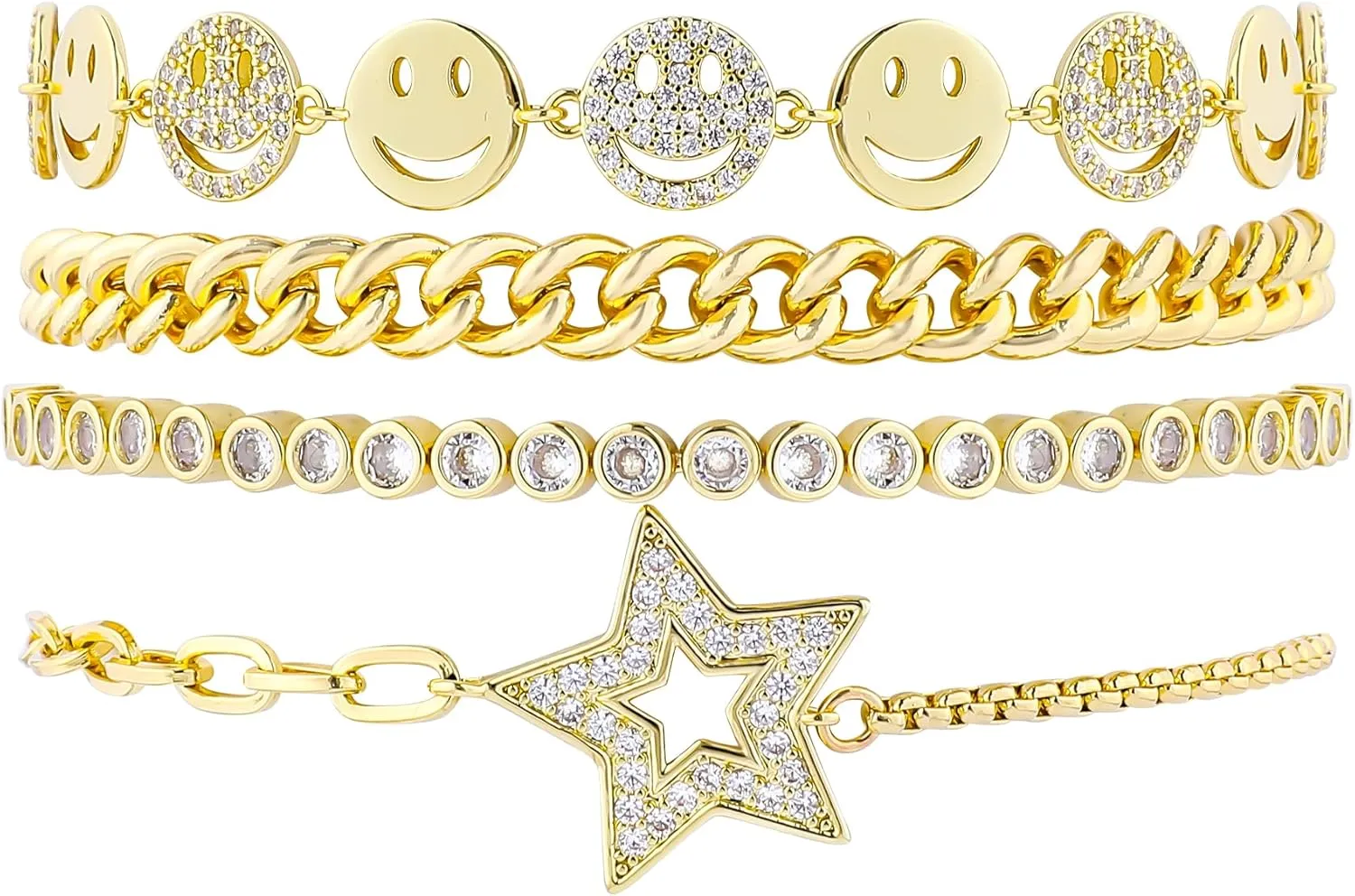 Gold Bracelets Set for Women 14K Gold Plated Stackable Twisted Bangle Rolo Chain Bracelets Layered Diamond Cubic Zirconia Charm Cuban Chain Gold Ball Beads Stretch Bracelets Trendy Jewelry Gift
