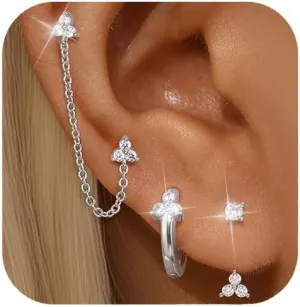 Gold Chain Earrings for Women, Double Piercing Dangle Chain Huggie Hoop Earrings for Women, Stackable Earrings Multiple Piercing Earring Sets