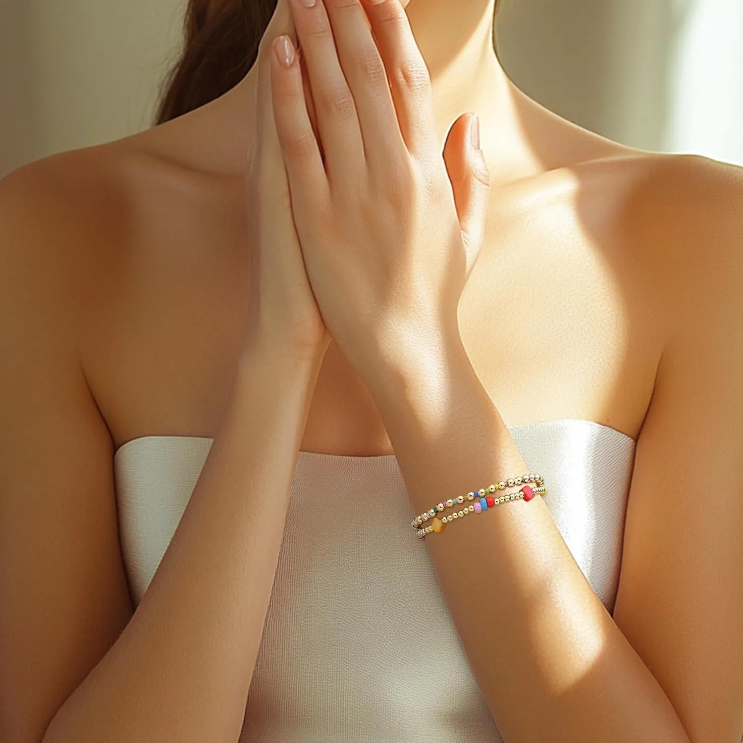 Gold Colorful Seeds Beaded Stretch Bracelets for Women, Cute Trendy Handmade Rainbow Beads Stack Elastic Friendship Bracelet Holiday Fashion Jewelry Gift