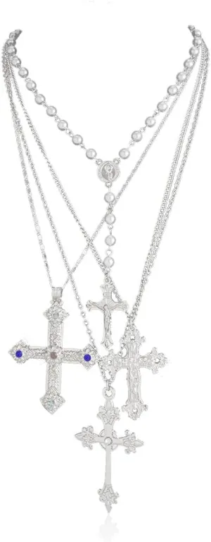 Gold Cross Pendant Necklace Set for Women,Dainty Big Crystal Cross Imitation pearl Layered Chain Necklace Summer Party Jewelry