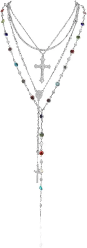 Gold Cross Pendant Necklace Set for Women,Dainty Big Crystal Cross Imitation pearl Layered Chain Necklace Summer Party Jewelry
