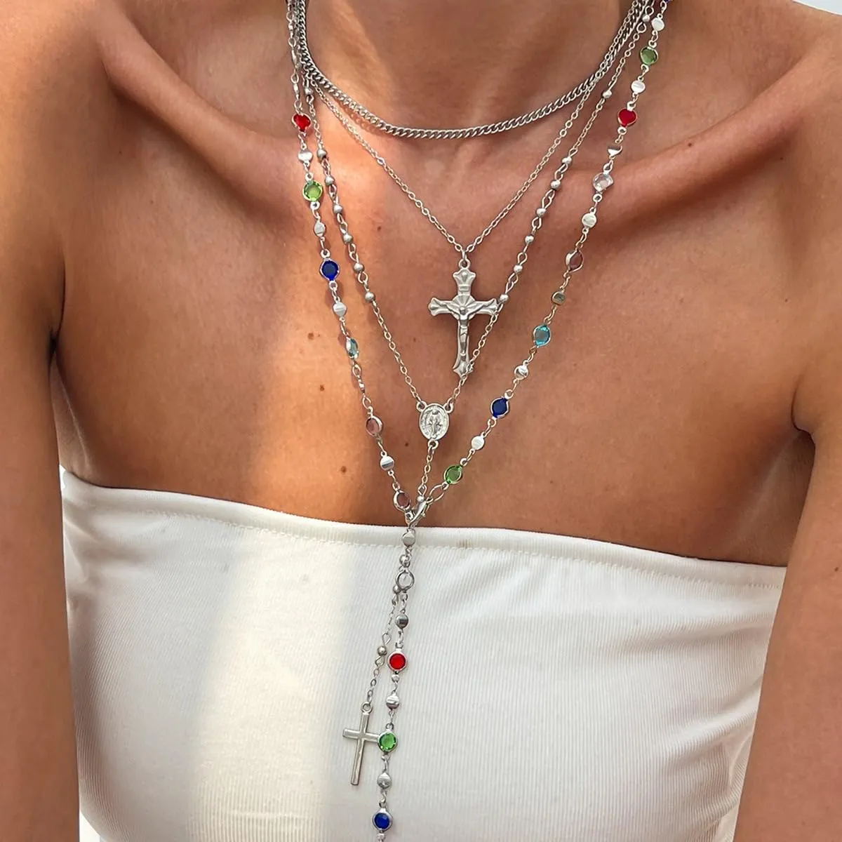 Gold Cross Pendant Necklace Set for Women,Dainty Big Crystal Cross Imitation pearl Layered Chain Necklace Summer Party Jewelry