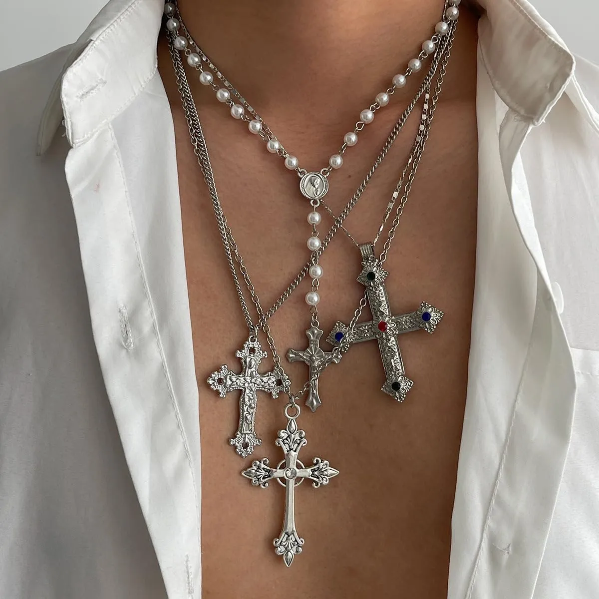 Gold Cross Pendant Necklace Set for Women,Dainty Big Crystal Cross Imitation pearl Layered Chain Necklace Summer Party Jewelry